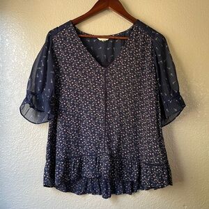 Lucky Brand Womens Large Boho Navy Blue Dainty Floral Blouse Top Office Feminine